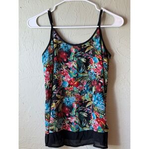 Signature Studio Tropical Floral Camisole Black Sheer Layered Hem Top S